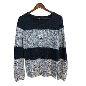 Gap Ladies Cable Knit Sweater Black and White Marled Wool Blend Jewel Neck Large